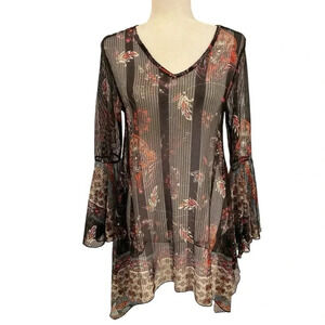 Dor Dor Couture Womens Mesh Sheer Bell Sleeve Tunic